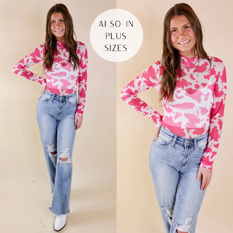 Try Your Luck Cow Print Mesh Long Sleeve Bodysuit in Pink Fashionable Bodysuit with Pleats