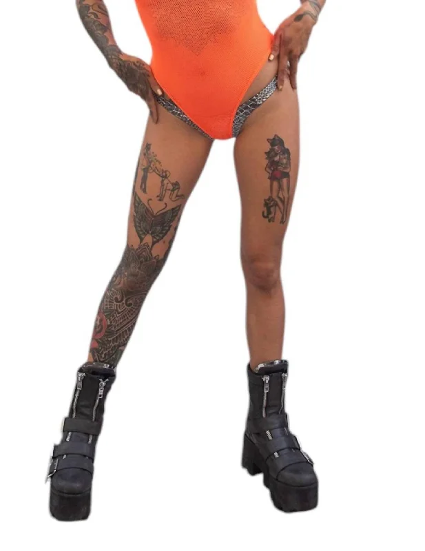 Crystal Snake Metallic Lace-Up Shoulder Bodysuit In Orange Fashionable Embellished Bodysuit