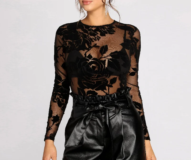 Flocked Mesh Floral Bodysuit Fashionable Square Neck Bodysuit