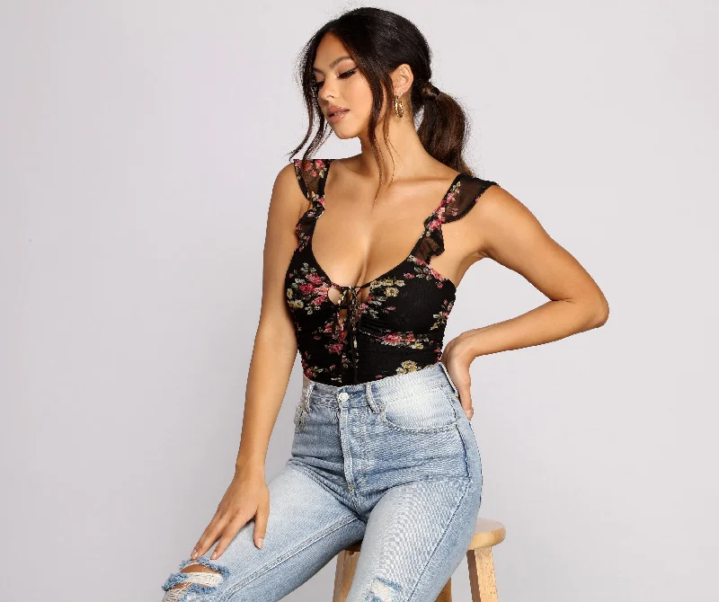 Floral Mesh and Ruffled Lace Bodysuit Trendy Sheer Lace Bodysuit