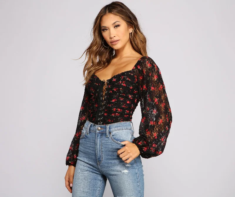 Floral Passion Lace-Up Bodysuit Elegant Bodysuit with Belted Waist