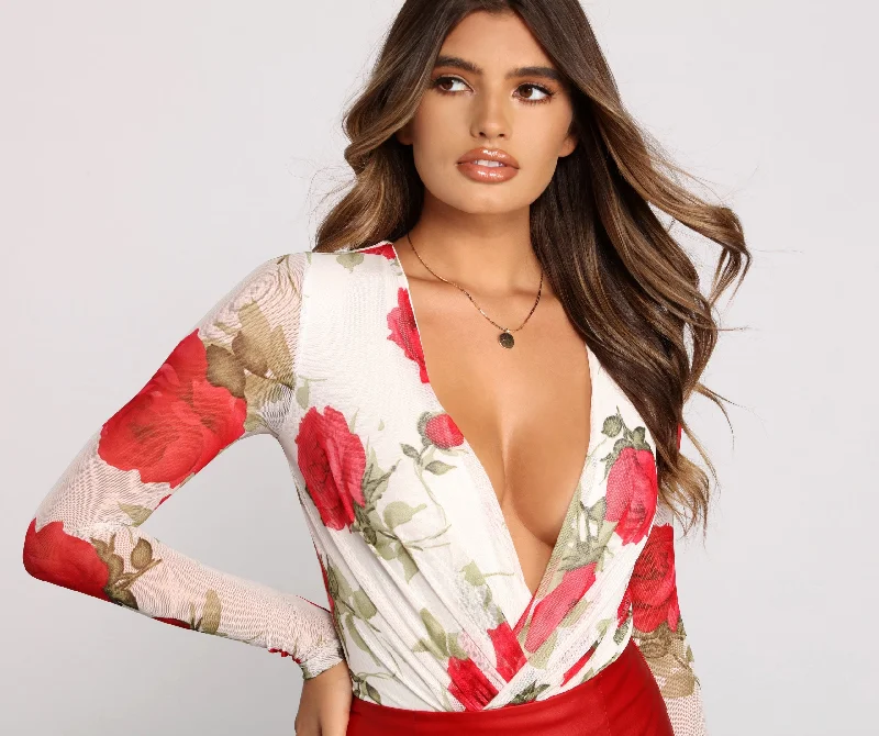 Floral Passion Surplice Mesh Bodysuit Comfortable T-shirt Bodysuit