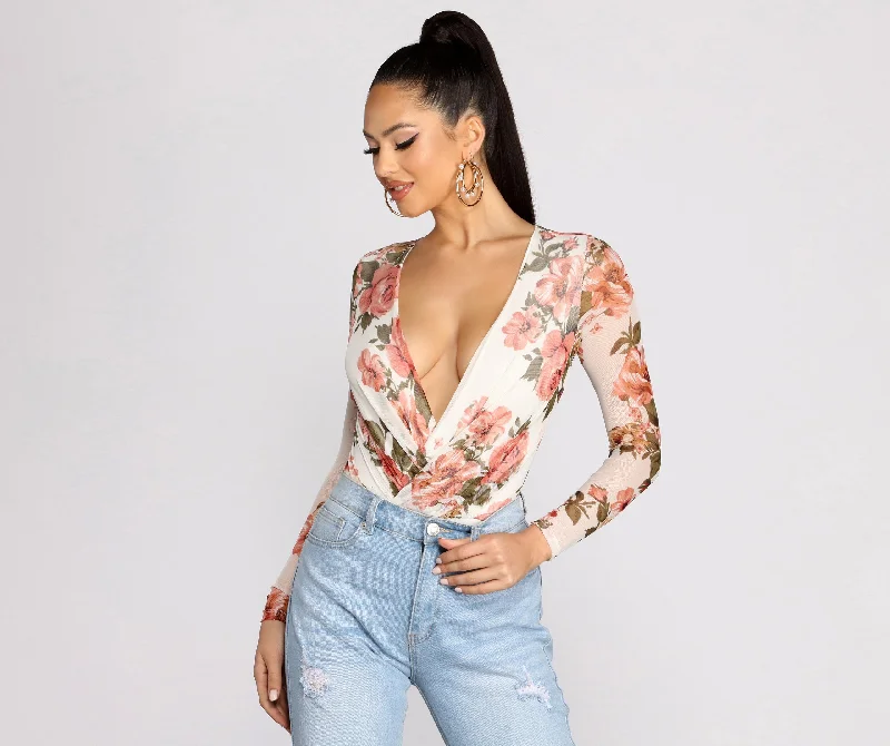 Fresh In Floral Mesh Bodysuit Elegant Bodysuit with Pleated Detail