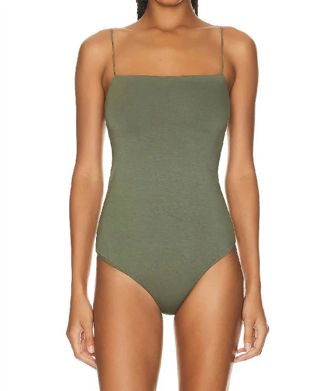 Luxe Knit Essential Tank Bodysuit In Military Comfortable Bodysuit with Thong Back