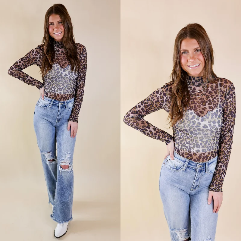 Try Your Luck Mesh Long Sleeve Bodysuit in Leopard Print Elegant Button-Up Bodysuit