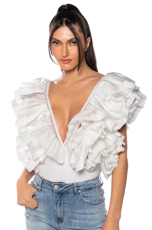 ROMANTIC RUFFLED BODYSUIT IN WHITE Stylish Bodysuit for Party