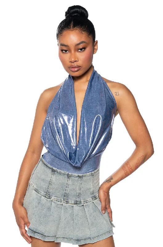 UNDER THE LIGHTS COWL NECK METALLIC BODYSUIT Fashionable Fitted Bodysuit