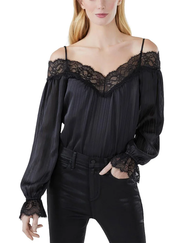 Womens Off The Shoulder Lace Trim Bodysuit Comfortable Ribbed Bodysuit