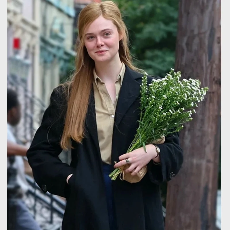 A Complete Unknown Elle Fanning Black Coat Belted Midi-Length Coat