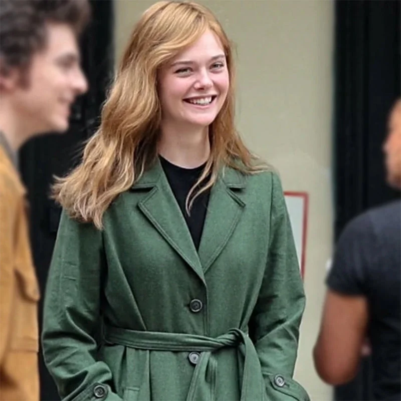 A Complete Unknown Elle Fanning Green Coat Boho Fringe Cardigan