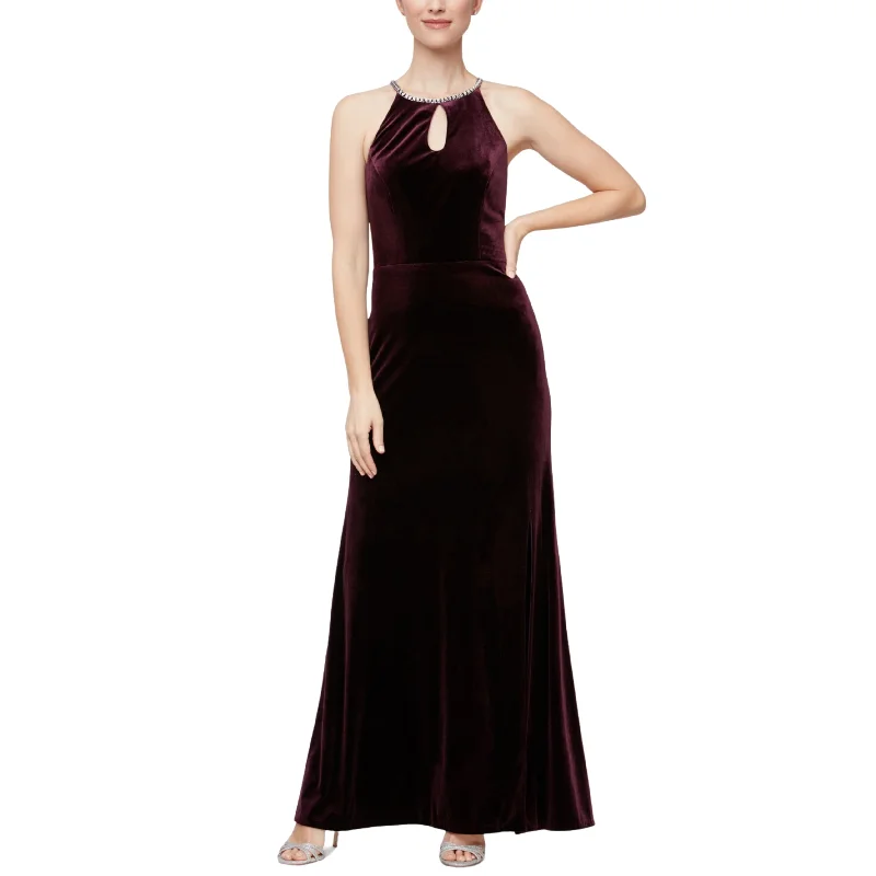 ALEX EVENINGS - Halter neck Velvet Long Evening Dress Tunics Lace romantic