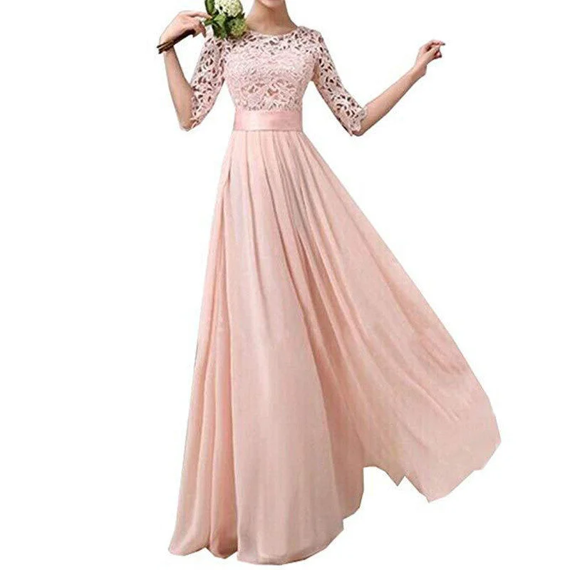 Banquet Evening Dress Five-point Sleeve Lace Chiffon Wedding Boat Neckline Classic