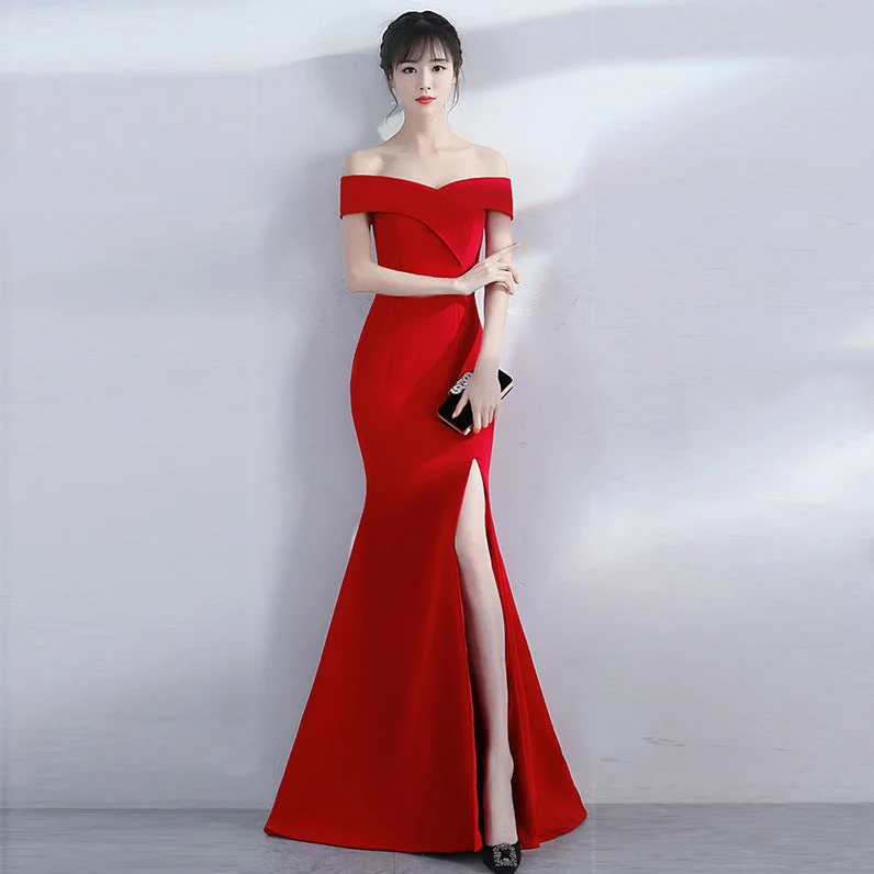 Banquet evening dress word-shoulder fishtail dress Tunics Yoga stretchy