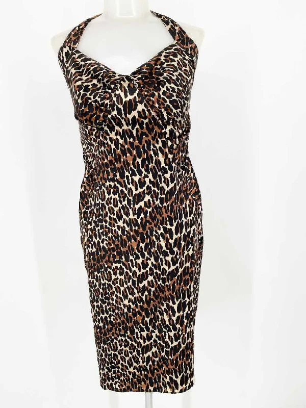 Betsey Johnson Women's Tan/black Halter Silk Blend Animal Print Date Night Dress Off-the-shoulder Bohemian Festive