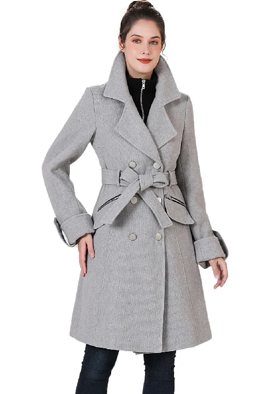 BGSD Women Nia Wool Belted Walker Coat with Removable Bib Checkered Wool Shacket