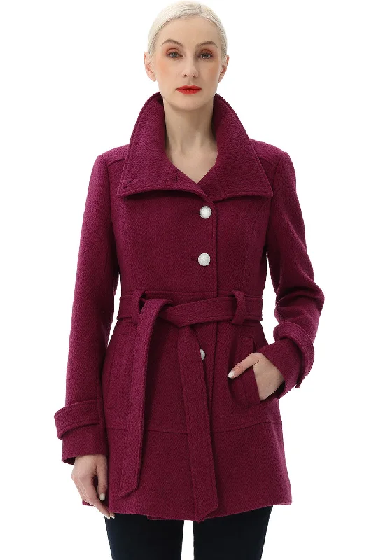 BGSD Women Wool Belted Walking Coat Ruched Sleeve Blazer