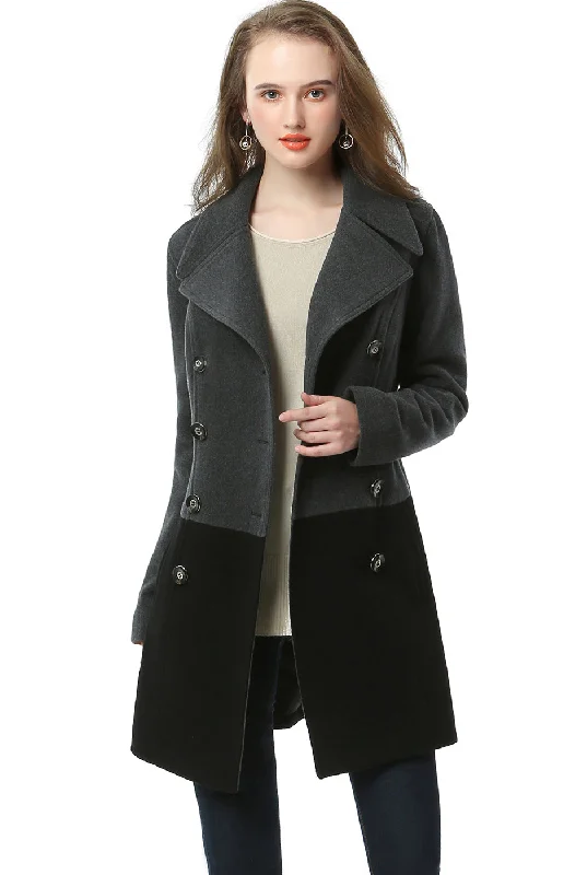 BGSD Women Riley Color Block Wool Pea Coat Buttoned Peplum Coat