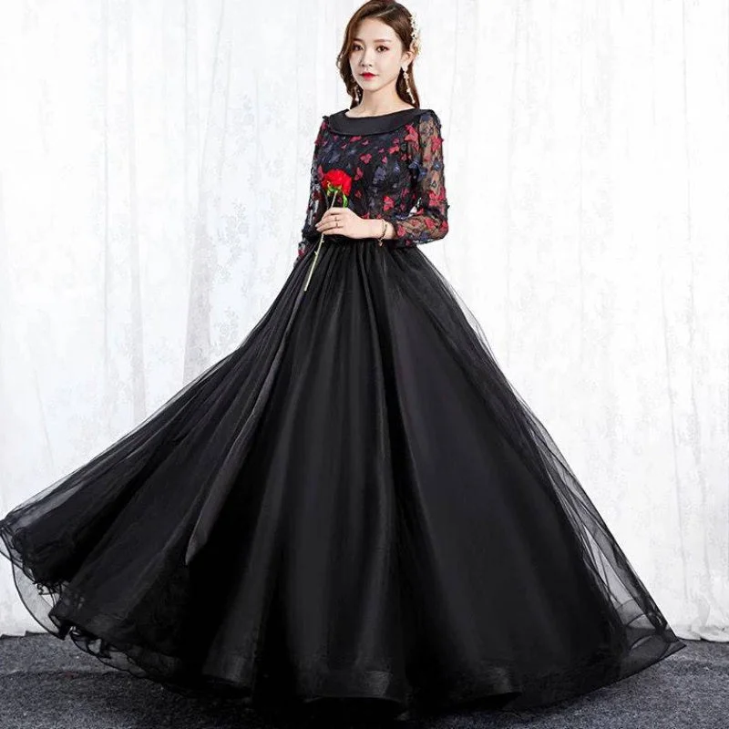 Black Park Collar Evening Dress Solo Host Performance, Pettiskirt Long Female Satin Halter Glamorous