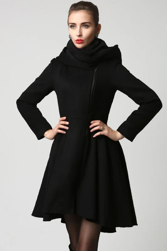 Black Winter Hooded Wool Coat Women 1121# Puff Shoulder Coat