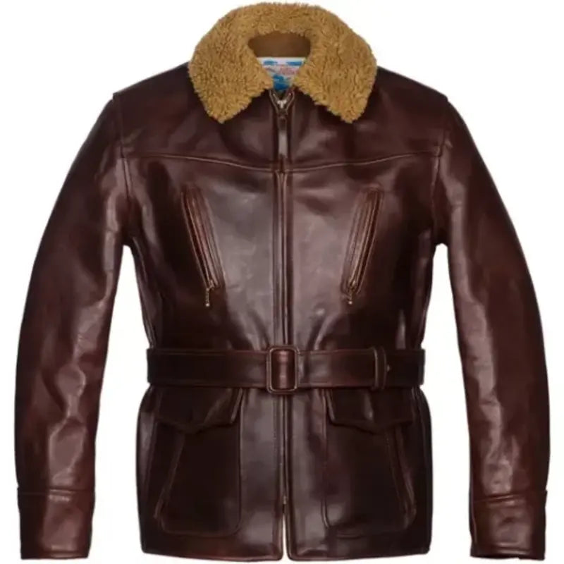 Brown Shearling Leather Men’s  Coat Adjustable Waist Parka