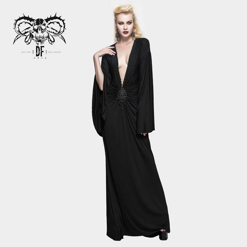 SKT040 chinese frog button sexy women bat sleeve deep V neck evening dress High-Low Hemline Casual