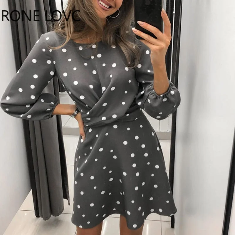 Elegant Long Sleeve Round Neck Dots Mini Party Dress Satin Halter Glamorous