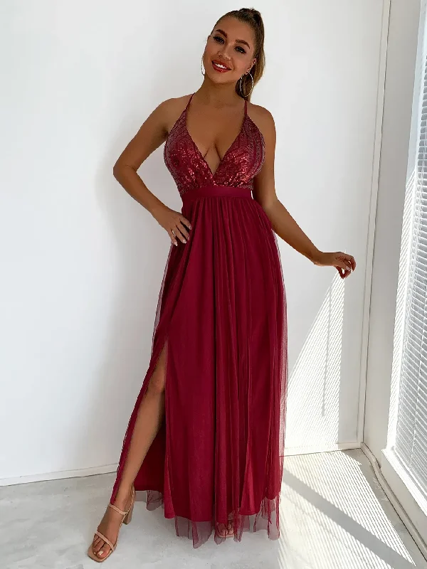 Elegant Women Fashion Sequin Decor Deep V Side Slit Mesh Maxi Party Evening Dress Turtleneck Neckline Stylish