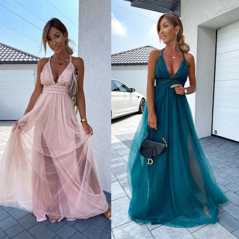 Fashion Sexy Backless Women Elegant Lace Mesh Halter Neck Maxi Party Dress A-Line Day Work