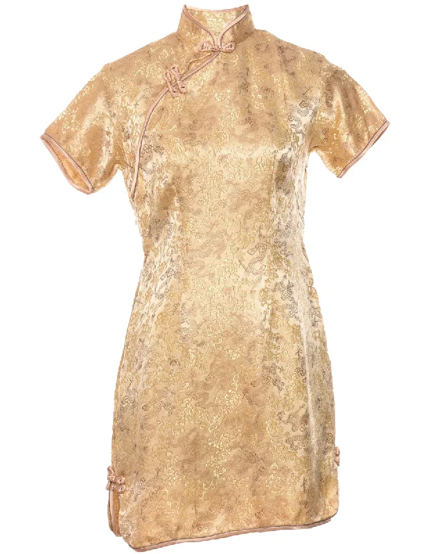 Floral Pattern Gold Traditional Evening Dress - M Tunics Chic fashionable