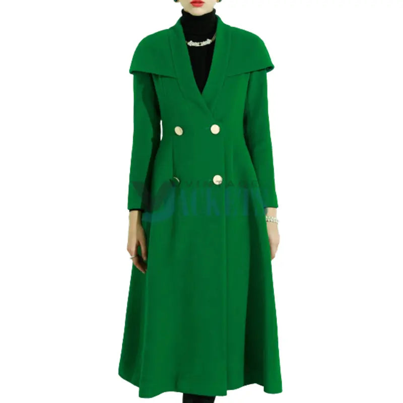 Green Wool long Coat Velvet Evening Cape