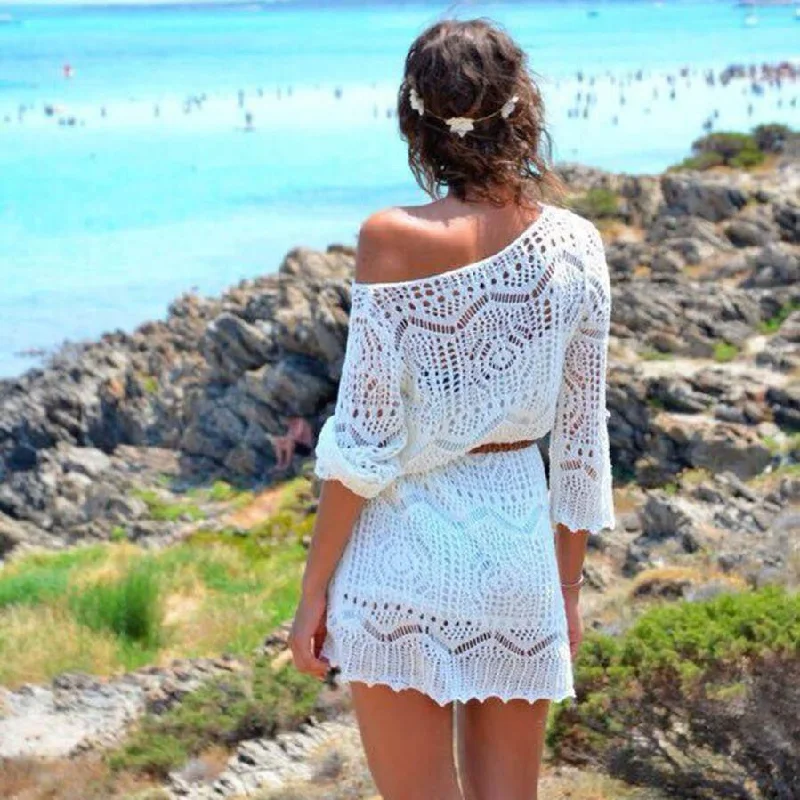 JECKSION Sexy Beach Hollow Out White Lace Party Dresses With Belt Tunics Seasonal trendy