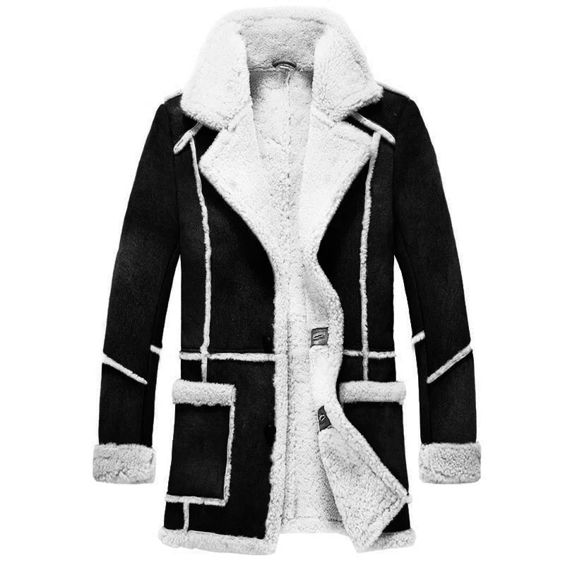 Men Designer Fur Shearling Sheepskin Black Coat Soft Thermal Overcoat