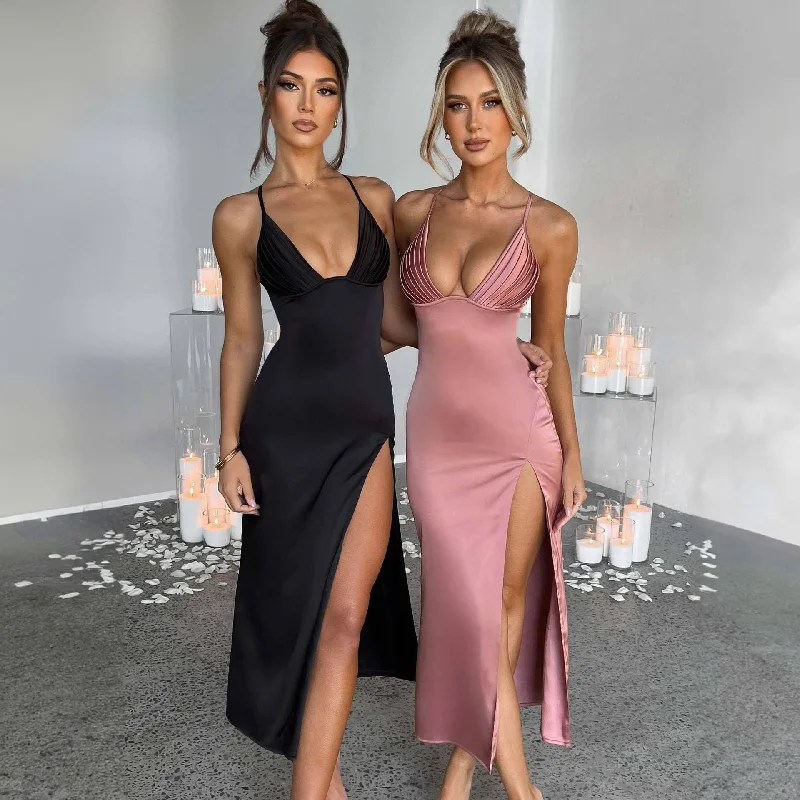 Spaghetti Strap Dress With Split Design Deep V-neck Sleeveless Backless Bodycon Party Dresses For Womens Clothing Satin Halter Glamorous