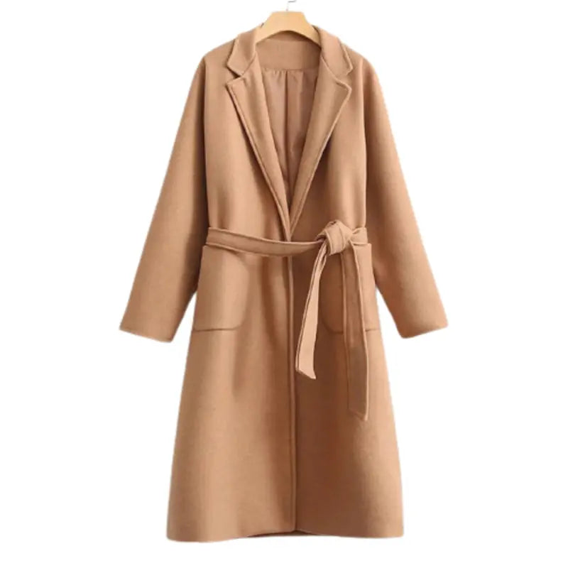 Women Camel Wool Coat with Belt Fleece Lined Windbreaker