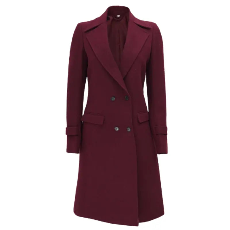 Women Double Breasted Maroon Wool Long Coat Embroidered Kimono Coat