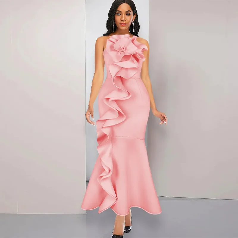 Women Party Dress Fashion Ruffle Flower Decoration Sexy Backless Maxi Dress Tunics Exclusive limited