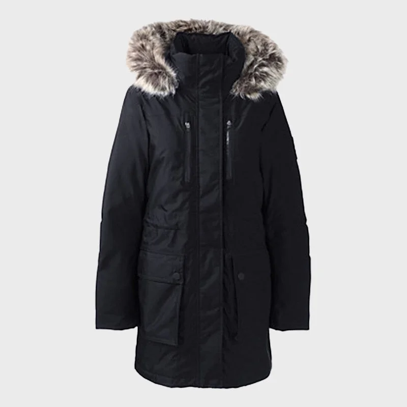 Women's Black Polyester Expedition Coat with Fur Hood Casual Open-Front Coat