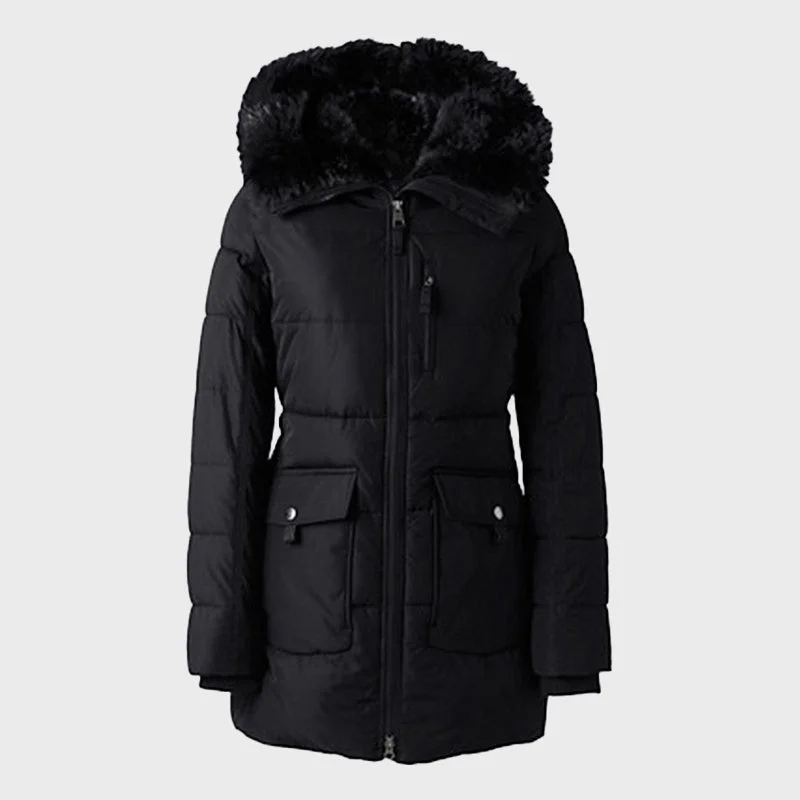 Women's Black Fur Hooded Polyester Parka Coat Ultra-Light Down Coat