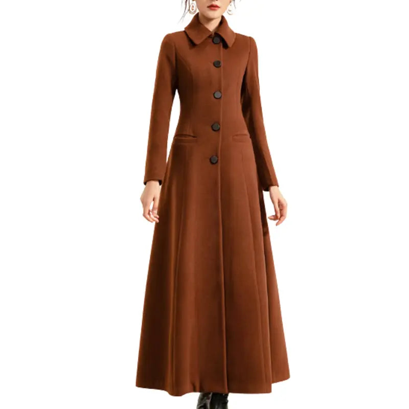 Wool Brown Long Full Length Coat Stretchy Active Jacket