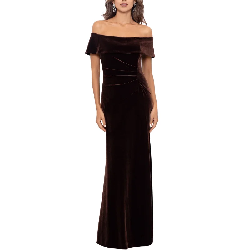 XSCAPE - Velvet Off shoulder Ruched Evening Dress Tunics Chinos classic