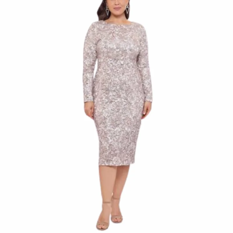 XSCAPE - Sequined Mid Calf Cocktail and Party Dress Tunics Satin smooth