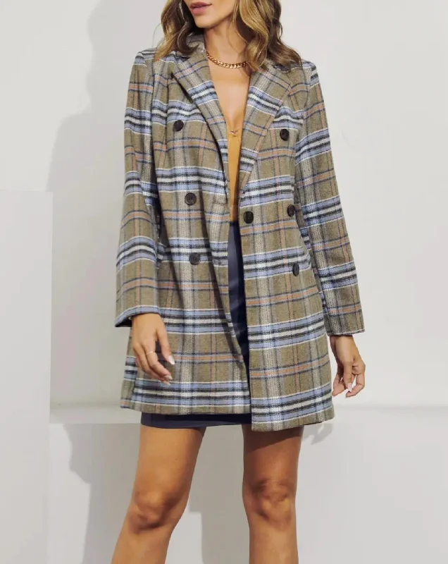 Double-Breasted Checked Coat In Taupe Military-Inspired Jacket