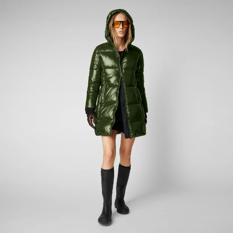 Women's Ines Hooded Puffer Coat in Pine Green Luxury Cashmere Wrap