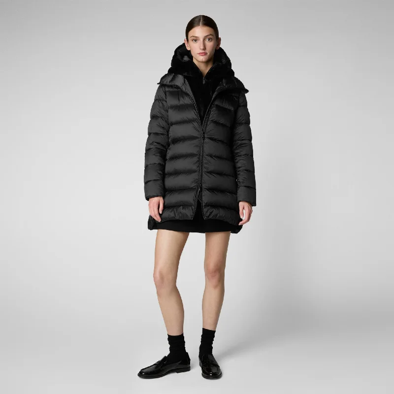 Women's Hooded Animal free Puffer Coat Matilda with Faux Fur in Black High-Collar Puffer Coat