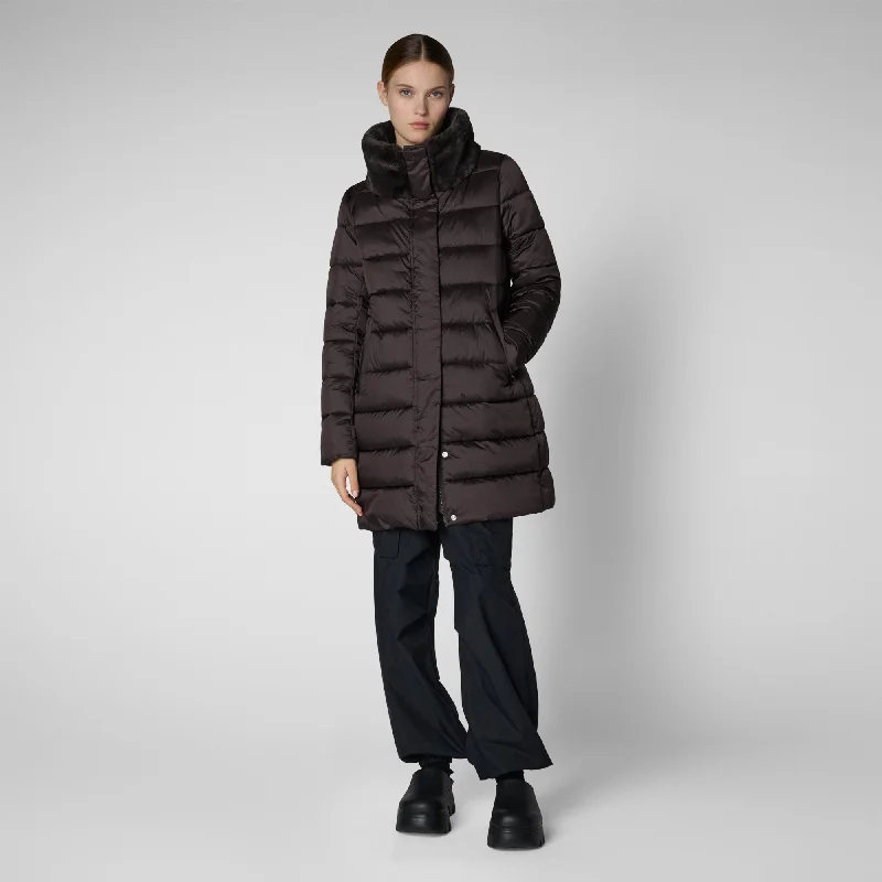 Women's Animal free Puffer Coat Dalea with Faux Fur Collar in Brown Black Drape Front Waterfall Coat