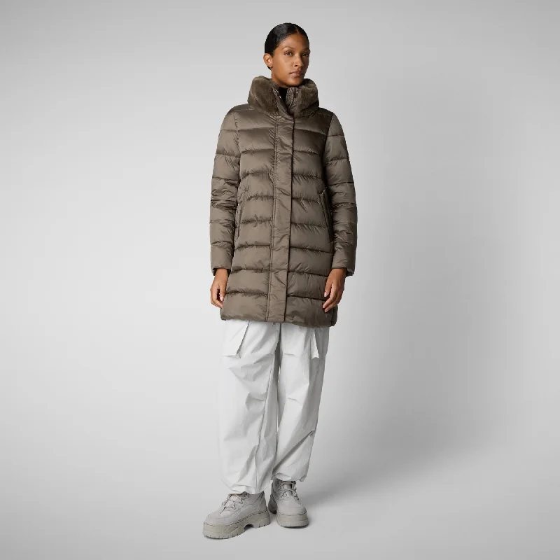 Women's Animal free Puffer Coat Dalea with Faux Fur Collar in Mud Grey Sporty Zip-Up Jacket