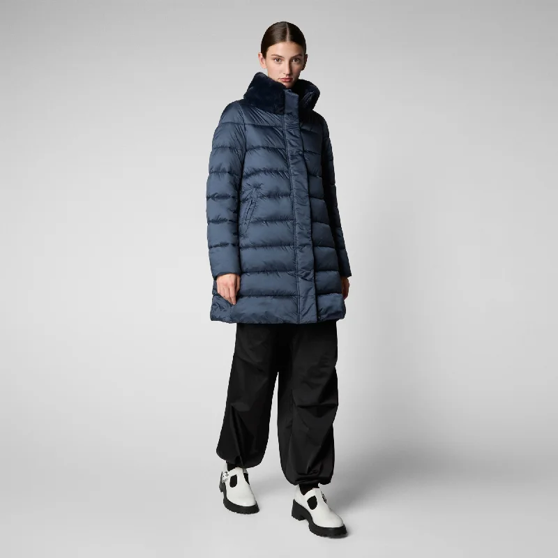 Women's Animal free Puffer Coat Dalea with Faux Fur Collar in Night Blue Reversible Quilted Jacket