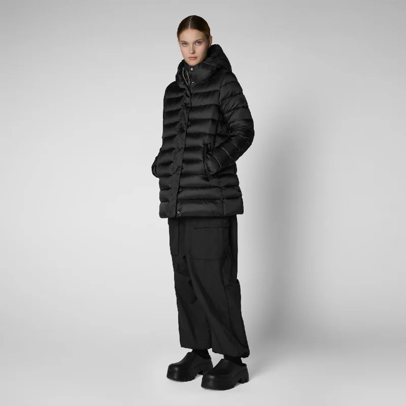 Women's Hooded Animal free Puffer Coat Drimia in Black Long Hooded Anorak