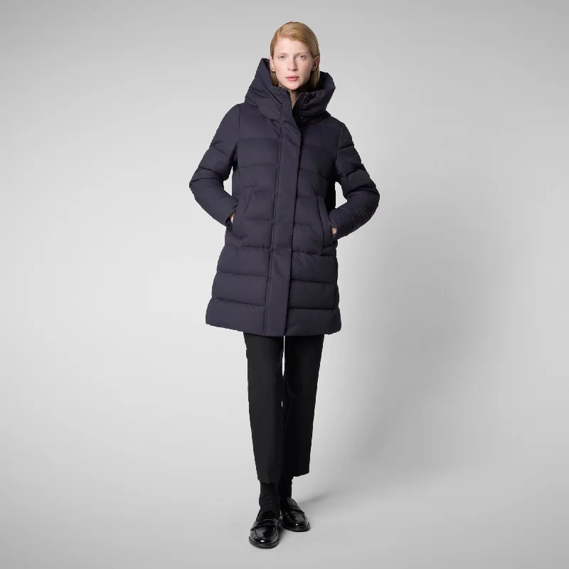 Women's Hooded Animal free Puffer Coat Tatiana in Blue Black Puff Shoulder Coat