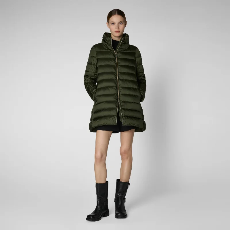 Women's Hooded Animal free Puffer Coat Lydia in pine green Stretchy Active Jacket